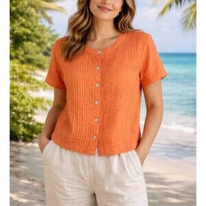 Orvis Women’s 100% Linen Pintuck Orange Button Front Blouse Size XL